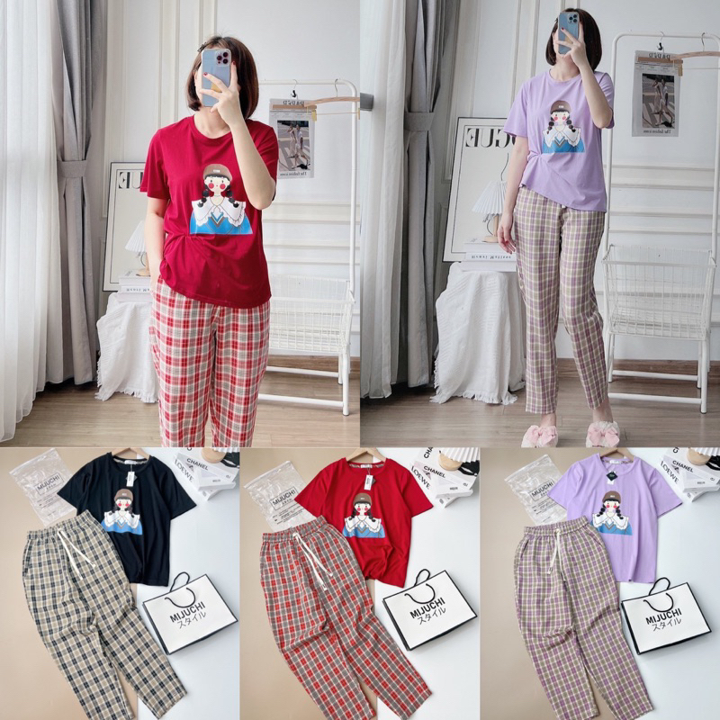 Bộ Mặc Nhà Cotton Mijuchi Áo Cộc Tay Quần Dài Kẻ Cô Gái Hà Giang Vnxk