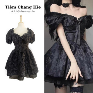 Đầm công chúa đen gấm 2 tầng tay bồng dây rút eo | Váy công chúa tiểu thư đi tiệc du lịch sinh nhật kỉ yếu