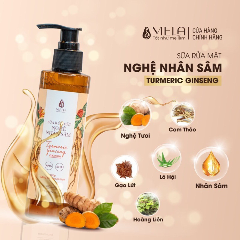 Sữa Rửa Mặt Nghệ Nhân Sâm MELA Giảm Mụn Sáng Da Dịu Nhẹ, Gel Rửa Mặt Cấp Ẩm Giảm Thâm Và Cân Bằng pH 200ml