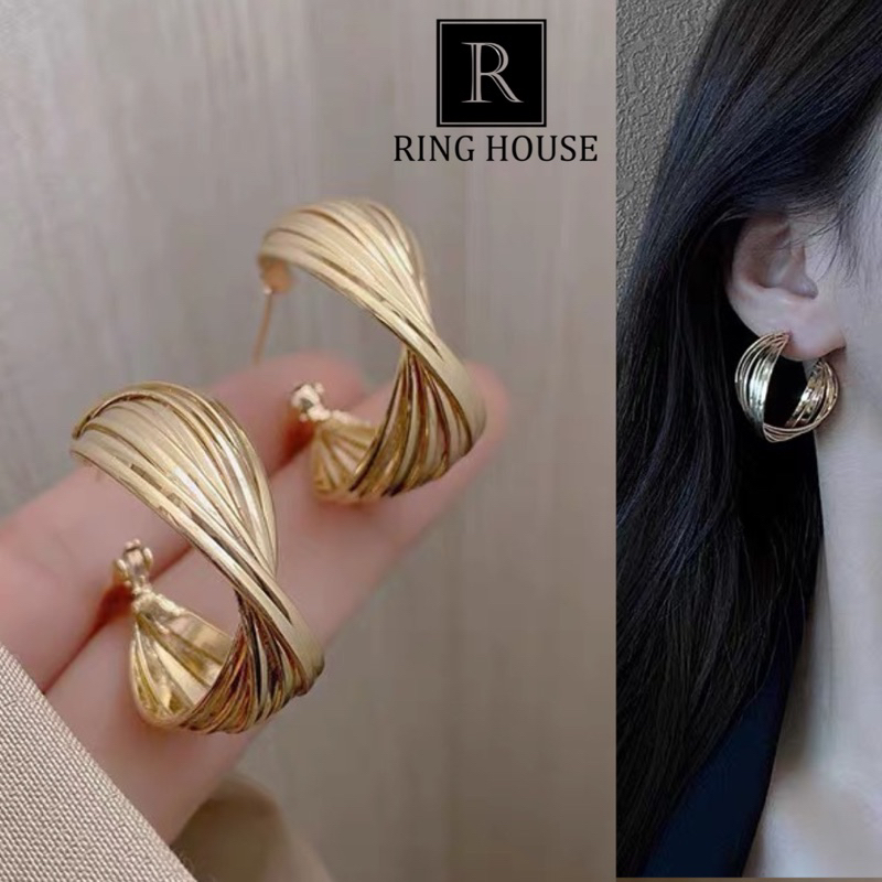(Chuôi bạc 925) E176 Khuyên tai bông tai nữ xoắn vàng đẹp dự tiệc Ring House
