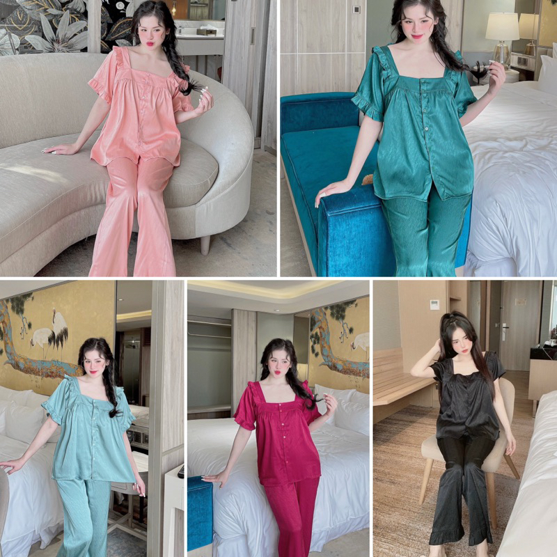 Bộ Ngủ Lụa xước Cổ Vuông Tay ngắn (có ảnh thật)