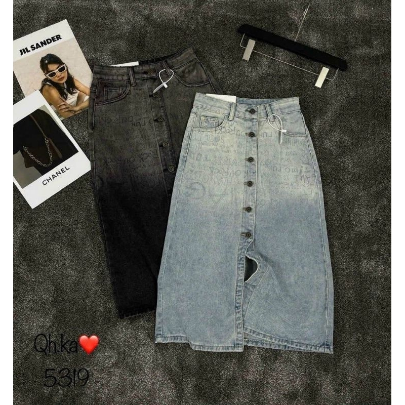Chân váy jeans dài chữ loang khuy dọc hàng QCL1