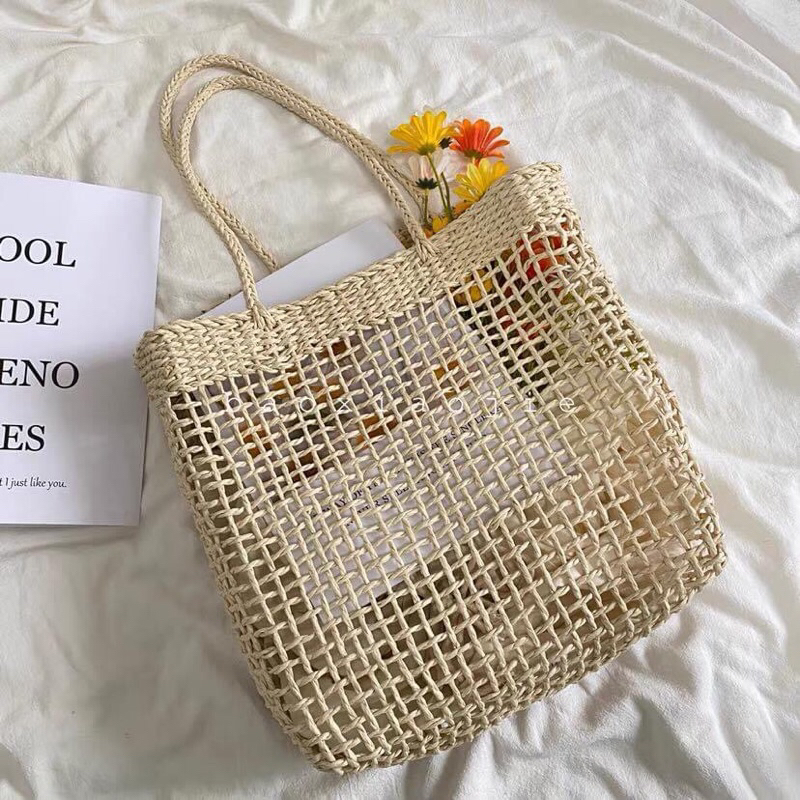 Giỏ cói Tote xách vuông - đan lưới caro thưa - phong cách Vintage