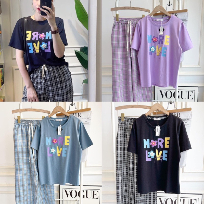 BỘ COTTON HÌNH HOA GẮN NỔI QUẦN KẺ