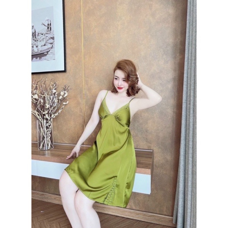 Đầm satin phối ren kèm quần Đầm ngủ sexy nữ, váy ngủ 2 dây gợi cảm mềm mại freesize