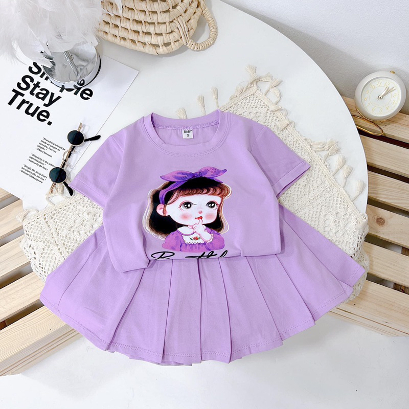 Set váy cotton cộc tay in hình cô gái siêu dễ thương cho bé gái diện hè từ 12-30kg