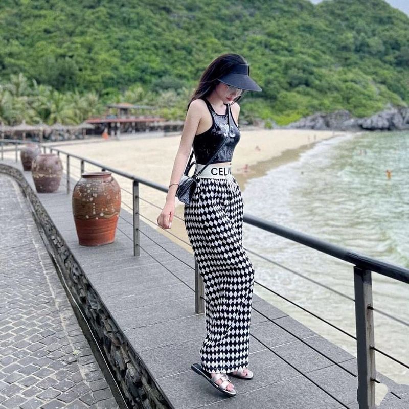 Quần suông dệt bo phối chữ QC loại 1 ( video tự quay cận chất )