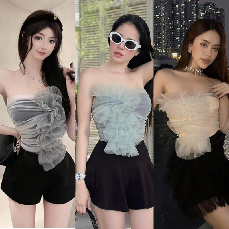 Áo Ống Mút Ngực Bèo 1 Bên Croptop Lưới Nhún