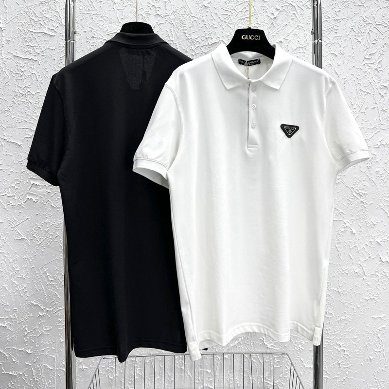 Áo polo nam cổ bẻ cotton cá sấu trơn thêu mác logo da tag tam giác Prada kiểu dáng đơn giản basic