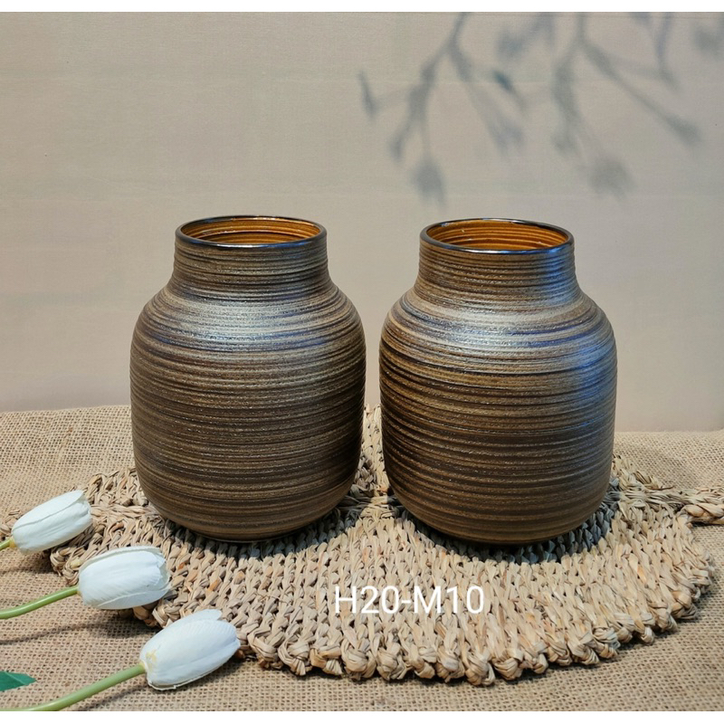 Lọ hoa decor gốm sứ Bát Tràng vân ganh men trắng và nâu mộc dáng bóng đèn