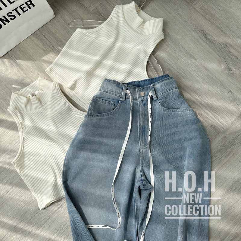 SET ÁO GÂN CỔ LỌ SÁT NÁCH TRẮNG + QUẦN SUÔNG JEAN SẮN GẤU (TH)