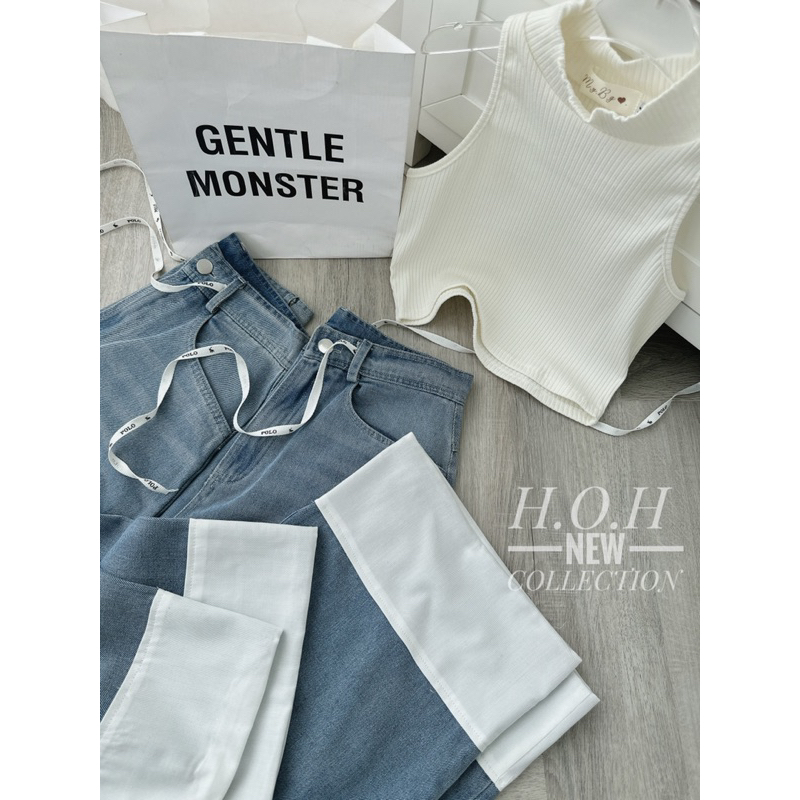 SET ÁO GÂN CỔ LỌ SÁT NÁCH TRẮNG + QUẦN SUÔNG JEAN SẮN GẤU (TH)