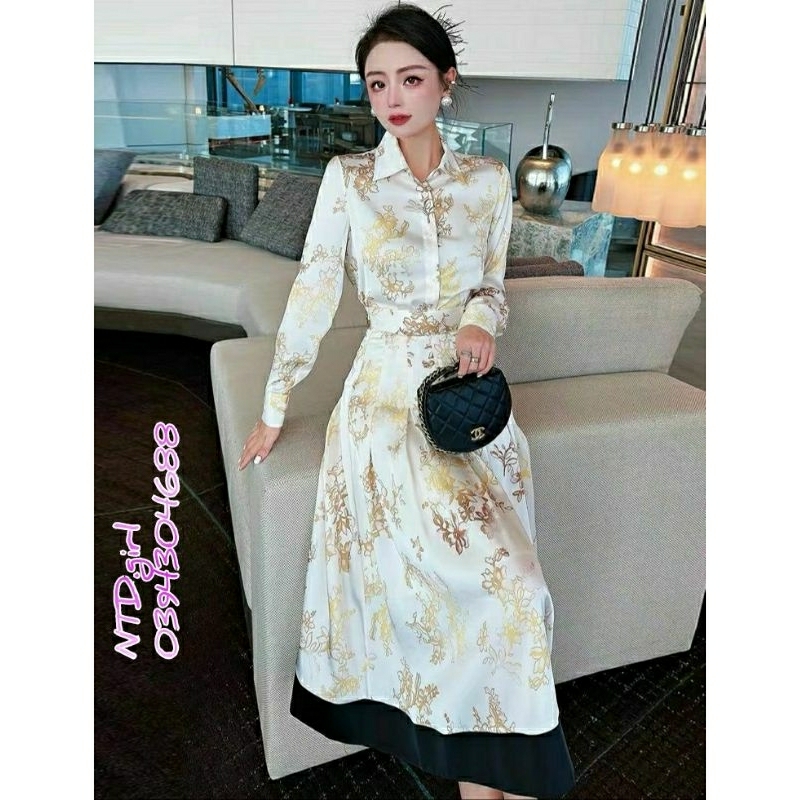 Hàng nhập - Set bộ nữ lụa cổ sơ mi cài nút trước, sét đồ gồm áo và chân váy sang trọng