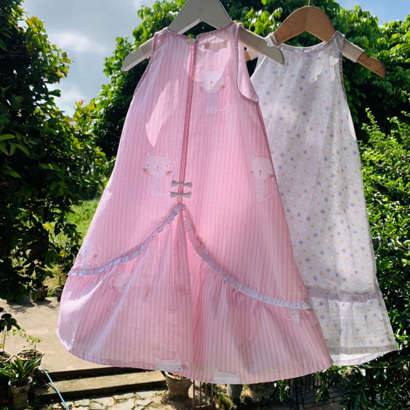 Đầm bé gái suông 2 nơ sau, chất thô cotton Hàn mỏng mịn thoáng mát