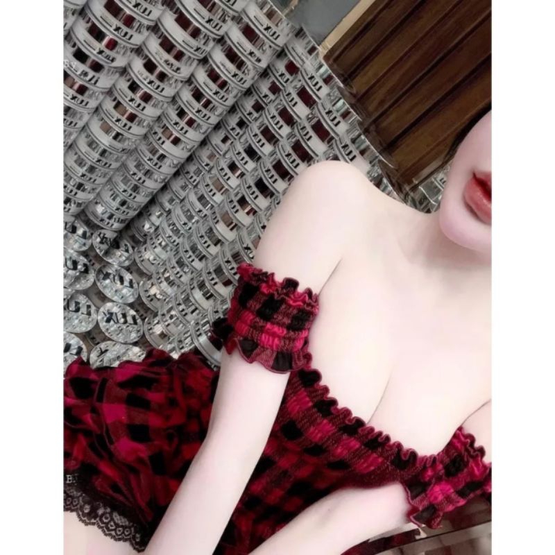 Set váy nhún tầng caro tôn dáng ( ảnh thật trải sàn )