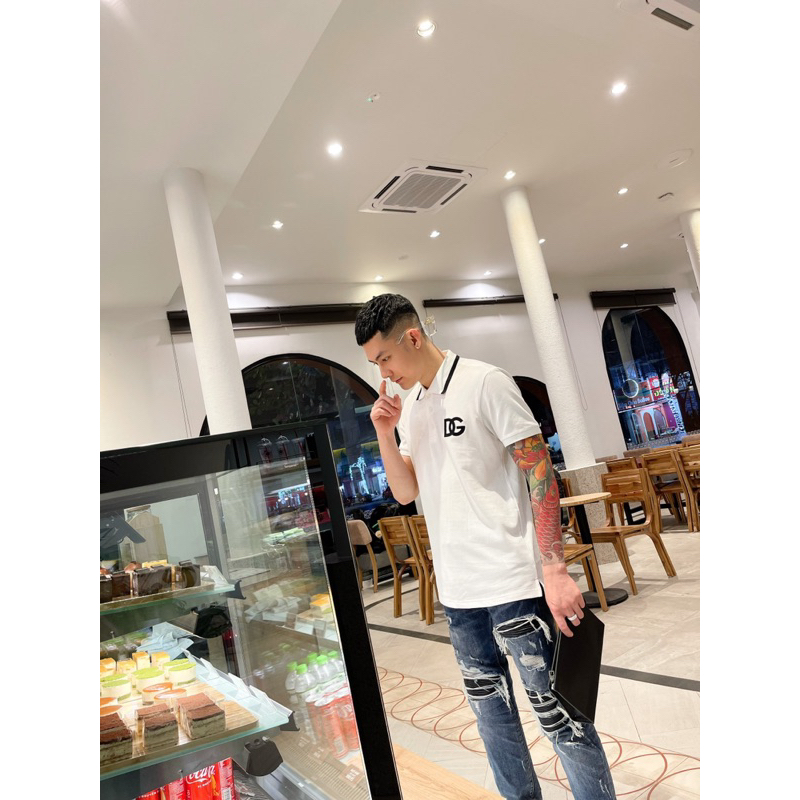 Áo polo nam cổ bẻ Dolce cotton gai dệt chữ logo DG ngực phối cổ sọc đen trắng đơn giản basic