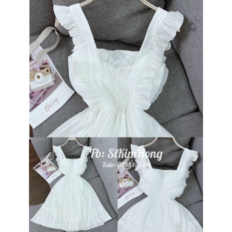 Váy nữ cổ vuông đi biển dự tiệc sự kiện đám cưới vắn tay bèo cánh tiên bo chun lưng chất xốp màu trắng xanh Vip 144