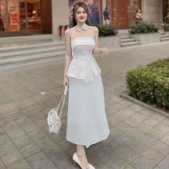 Set bộ nữ dự tiệc đi biển đám cưới sự kiện áo ống xẻ tà kèm chân váy midi voan dập ly có lót Vip 143