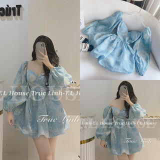 ĐẦM VOAN HOA XANH LÁ DÂY CỔ