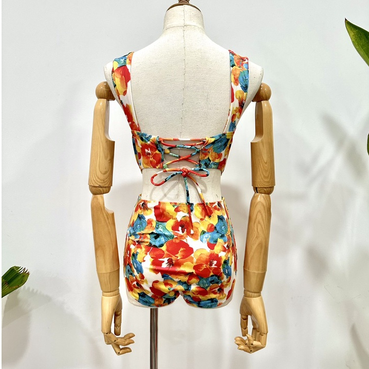 Đồ Bơi Nữ Bikini LANBISHOP Set 3 Món Hoa Cam Tay Vuông Kèm Khăn Mẫu Mới -118