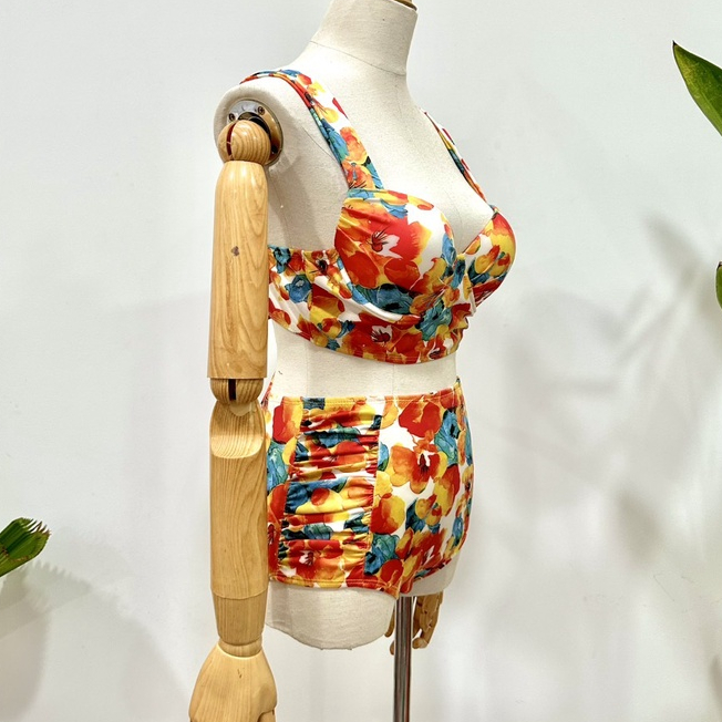 Đồ Bơi Nữ Bikini LANBISHOP Set 3 Món Hoa Cam Tay Vuông Kèm Khăn Mẫu Mới -118