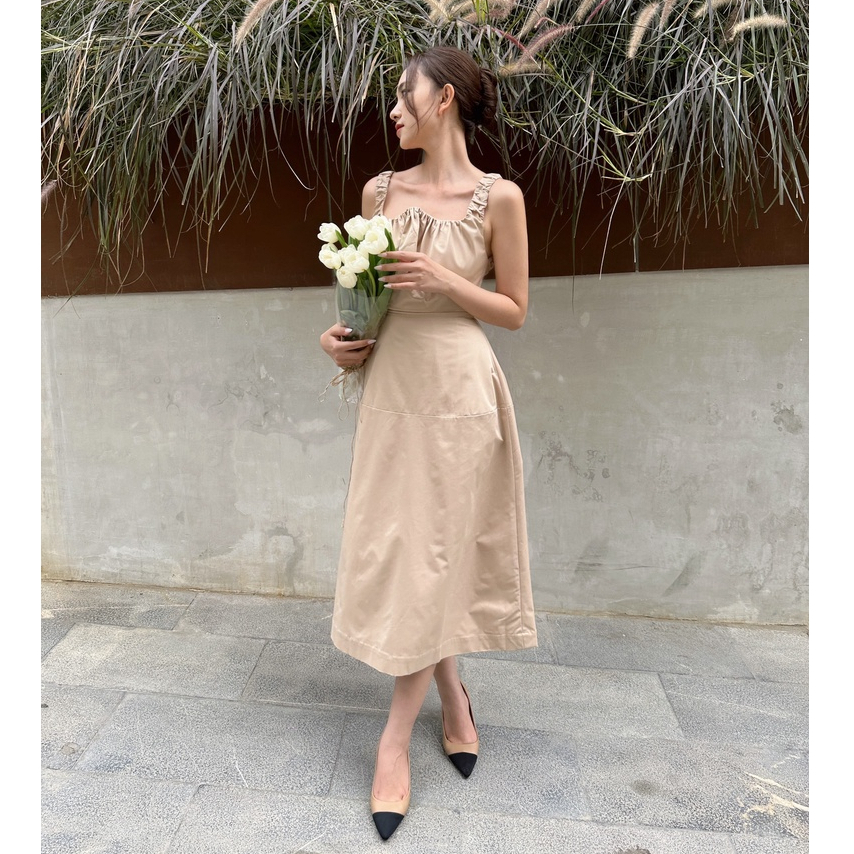 Đầm midi xếp nhún ngực , Peace House Clothing