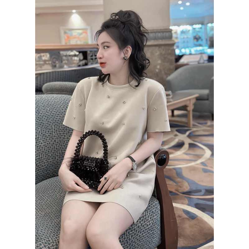 Đầm Ashley suông đính đá da lộn đệm vai TKCC