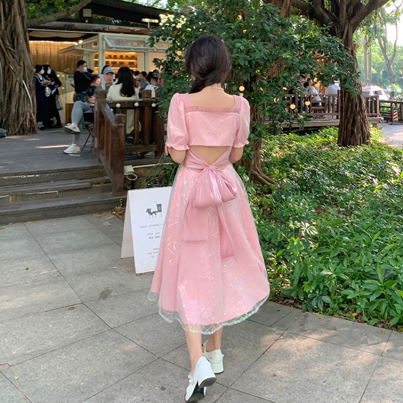 Đầm Dự Tiệc Ren Thêu Kim Sa Bling Bling Nơ Lưng Cực Xinh