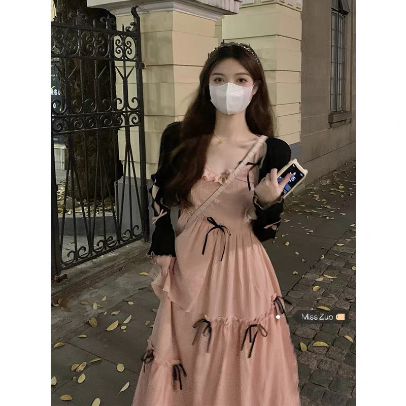 Set Áo Cardigan đen phối với váy hai dây dáng dài ulzzang - Kèm ảnh thật