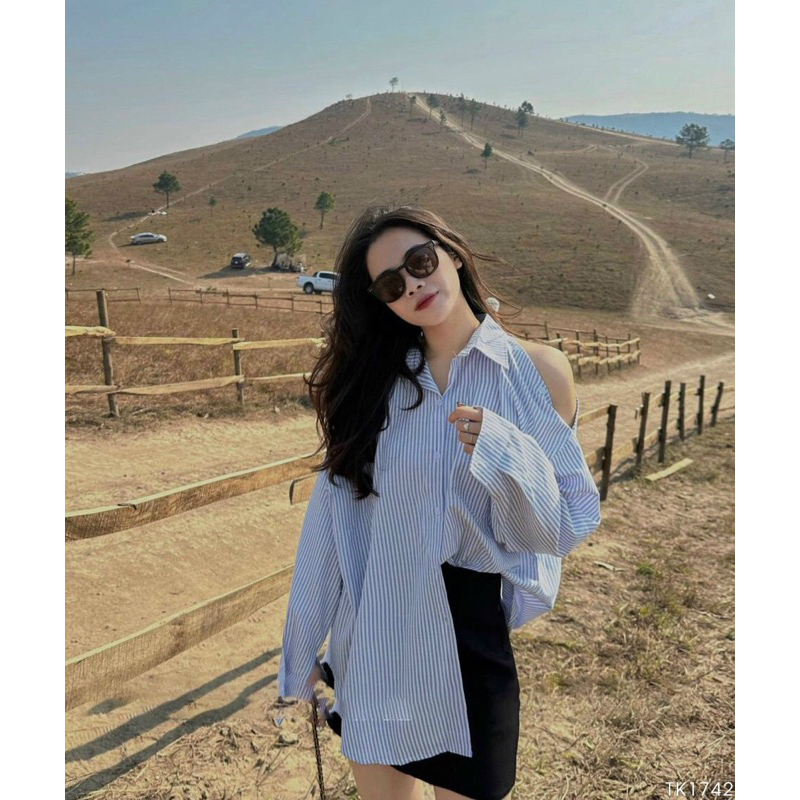 Áo sơmi nữ tay dài khoét vai form rộng oversize thanh lịch đẹp màu xanh bigsize