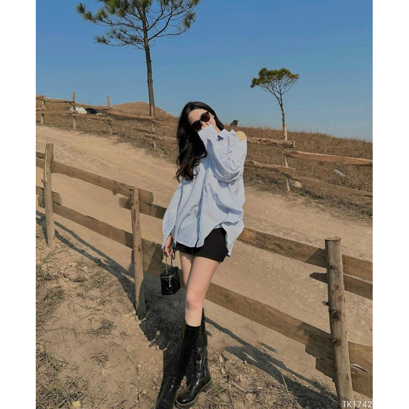 Áo sơmi nữ tay dài khoét vai form rộng oversize thanh lịch đẹp màu xanh bigsize