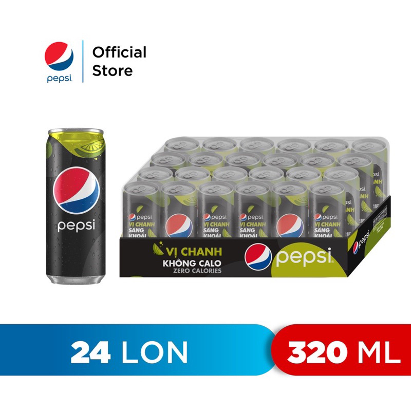 Thùng 24 lon nước uống có gaz Pepsi vị chanh không calo 320ml/lon