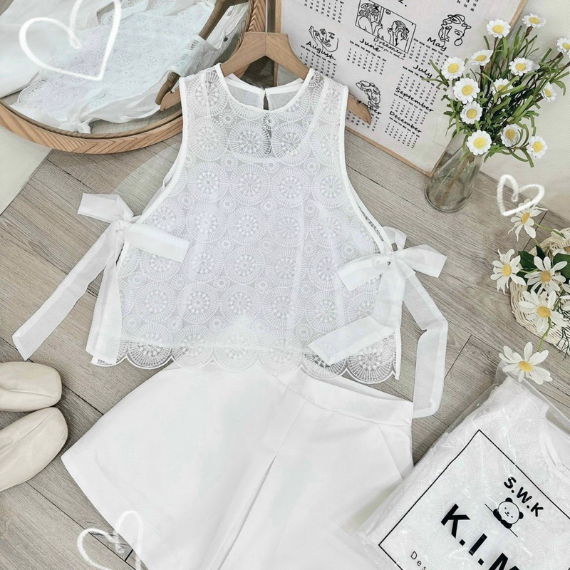 SET XÔ HOA NỔI KÈM LÓT + SHORT TRẮNG