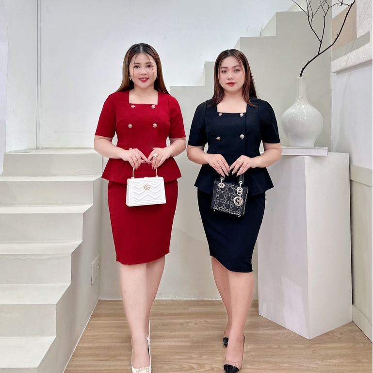 Set Chân Váy Kèm Áo Cổ Vuông 4 Nút Chất Tuyết Mưa Xịn Sò Dành Cho Người Mập 50-90kg