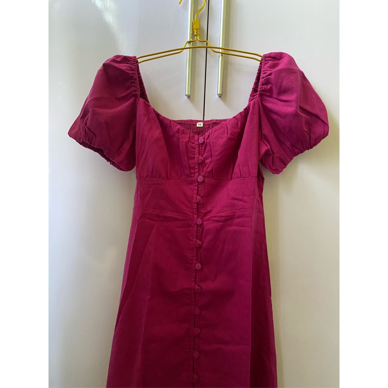 Đầm Zara Xuất Tay Phồng Cài Nút Váy Maxi Hồng Nhún Ngực ZR