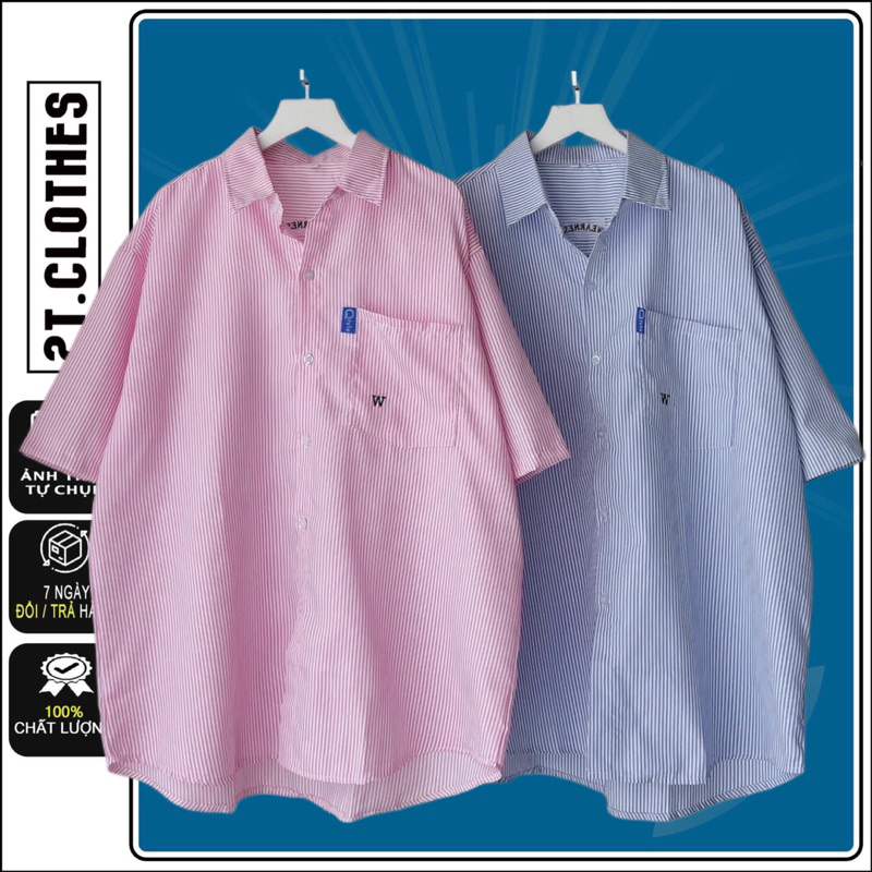 Áo Sơ Mi Tay Ngắn Form Rộng Chữ Thêu W Sọc Nhỏ Unisex 2tclothes