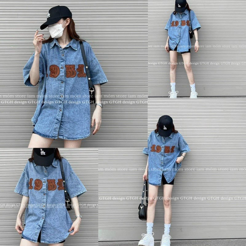 Áo sơ mi bò cộc chữ thêu form rộng phong cách Ullzzang Hàn Quốc