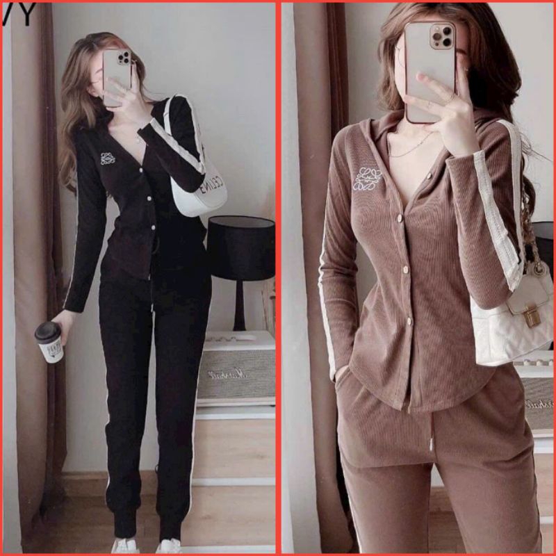 Bộ thể thao thu đông Nữ _Set Bộ Đồ thun gân GELIN nữ Gồm Áo thun tay dài vạc bầu full zip có nón kèm quần jogger bo chân