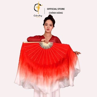 Quạt lụa dài cotrashop múa cổ trang lụa thường màu loang đỏ cam trắng 36/45 cqu4