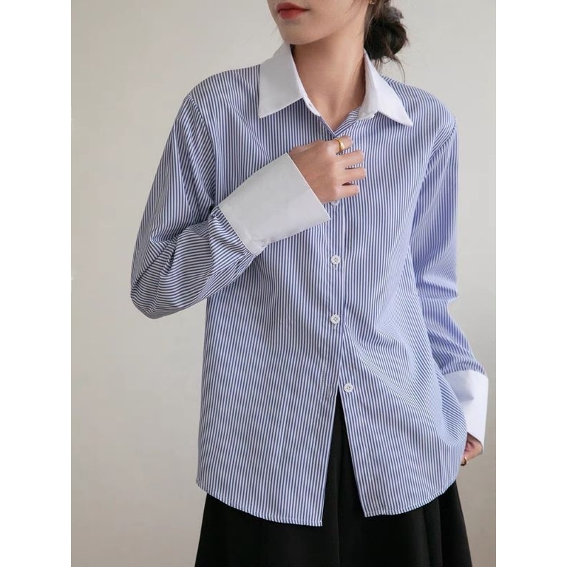 Áo sơ mi kẻ sọc dài tay phối cổ viền trắng bazic siêu hàn quốc-2928