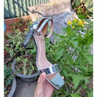 giày cao gót big size nữ 40 41 42 43 gót vuông 7 cm bản ngang màu bạc sang trọng