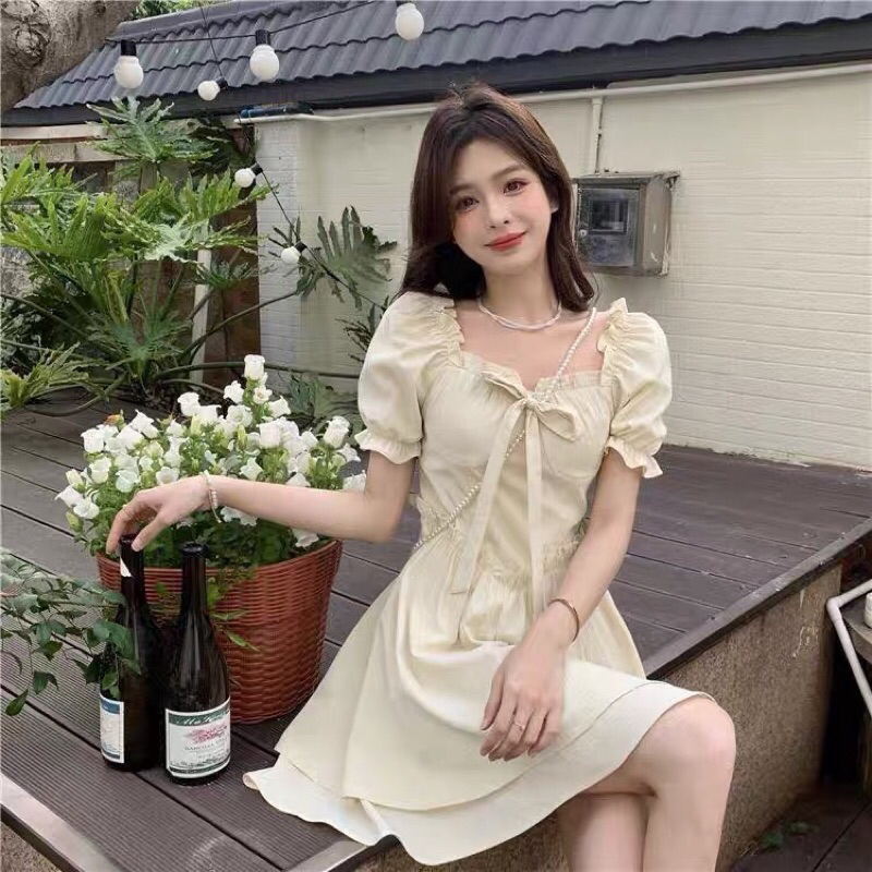 Đầm Cổ Vuông Tay Phồng Thời Trang Hàn Quốc Phong Cách Nhỏ Tươi Váy Ngắn Nữ