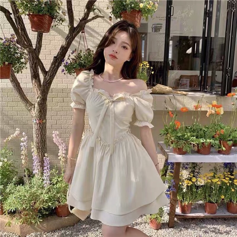 Đầm Cổ Vuông Tay Phồng Thời Trang Hàn Quốc Phong Cách Nhỏ Tươi Váy Ngắn Nữ