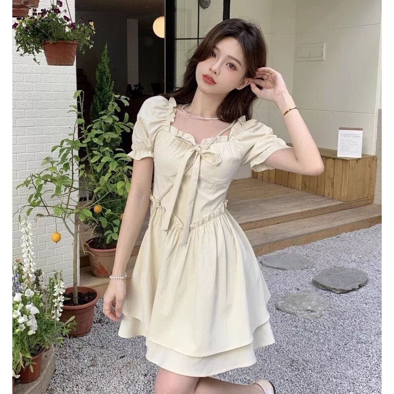 Đầm Cổ Vuông Tay Phồng Thời Trang Hàn Quốc Phong Cách Nhỏ Tươi Váy Ngắn Nữ