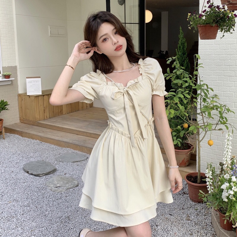 Đầm Cổ Vuông Tay Phồng Thời Trang Hàn Quốc Phong Cách Nhỏ Tươi Váy Ngắn Nữ