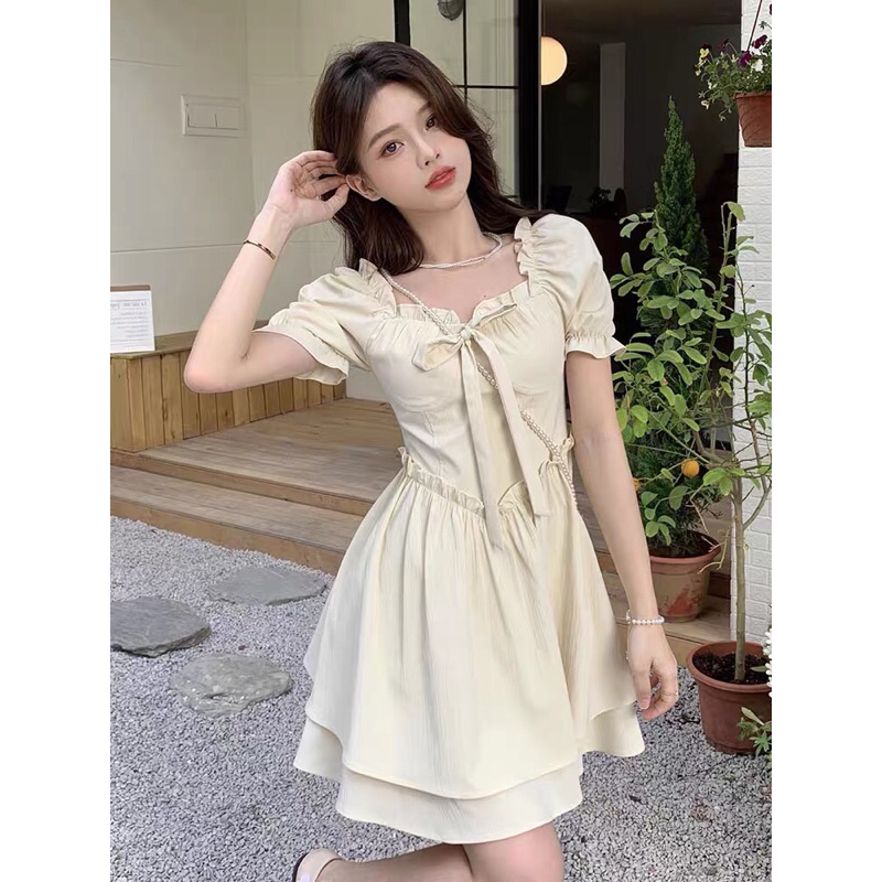 Đầm Cổ Vuông Tay Phồng Thời Trang Hàn Quốc Phong Cách Nhỏ Tươi Váy Ngắn Nữ