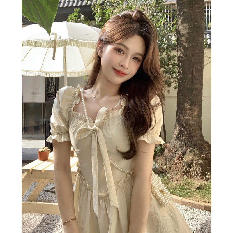 Đầm Cổ Vuông Tay Phồng Thời Trang Hàn Quốc Phong Cách Nhỏ Tươi Váy Ngắn Nữ