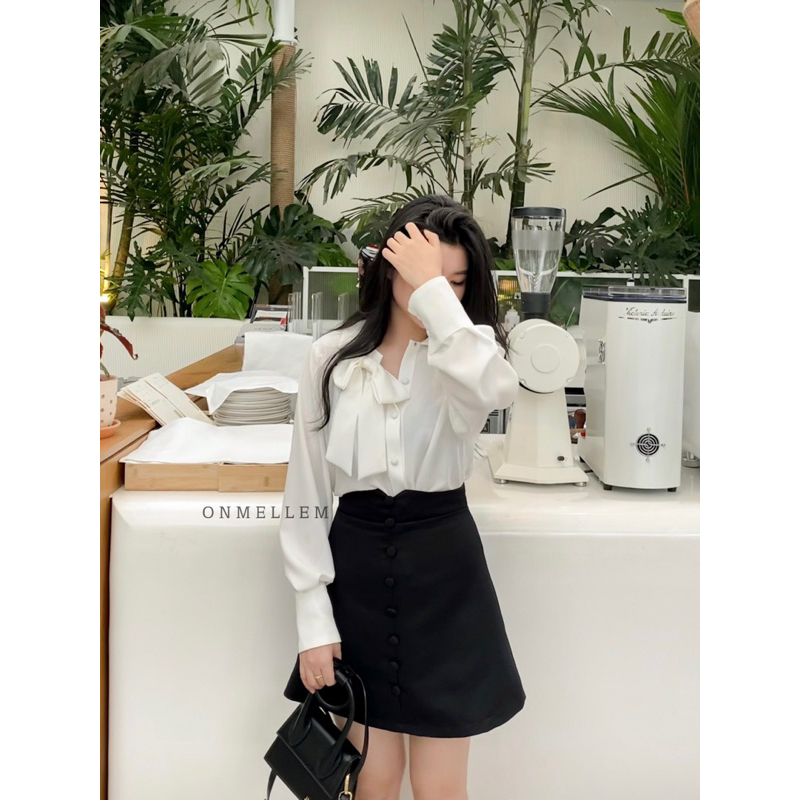Mell16 set - Set áo sơ mi cúc bọc phối nơ và chân váy cúc bọc lưng kiểu Onmellem