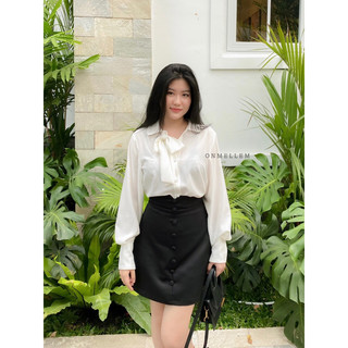 Mell16 set - Set áo sơ mi cúc bọc phối nơ và chân váy cúc bọc lưng kiểu Onmellem