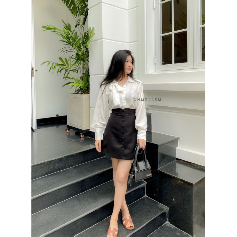 Mell16 set - Set áo sơ mi cúc bọc phối nơ và chân váy cúc bọc lưng kiểu Onmellem